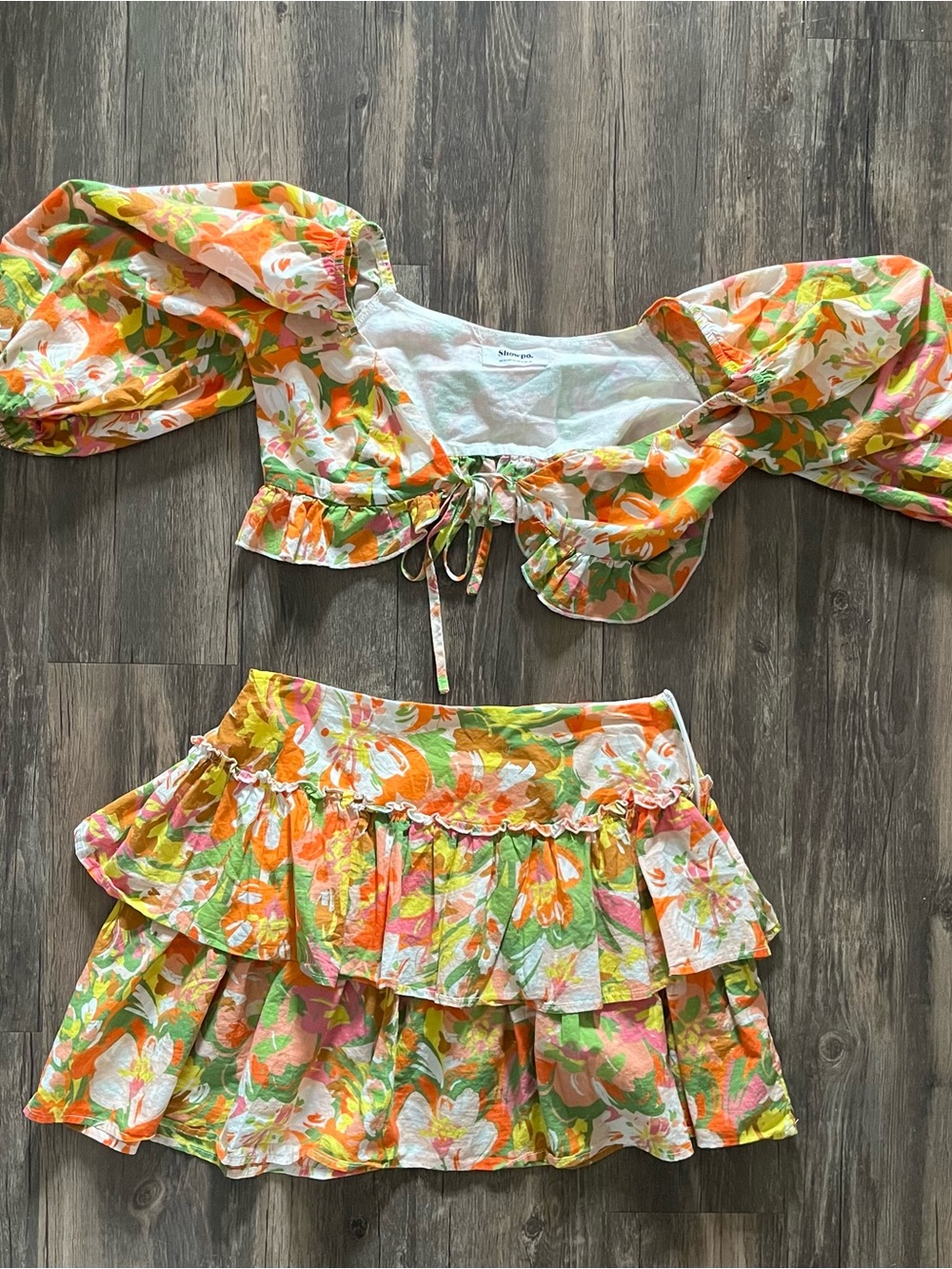 Showpo Two Piece Set. Floral Crop Top with Puffy Sleeves & Ruffle Skirt